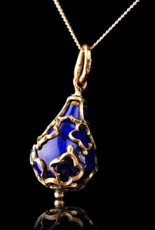 Antique Victorian Blue Enamel Guilloche Drop Pendant Necklace 15k Gold C.1900