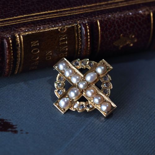 ANTIQUE DIAMOND AND PEARL CROSS BROOCHPENDANT 15K GOLD C1880 - ADDITIONAL PHOTO 1