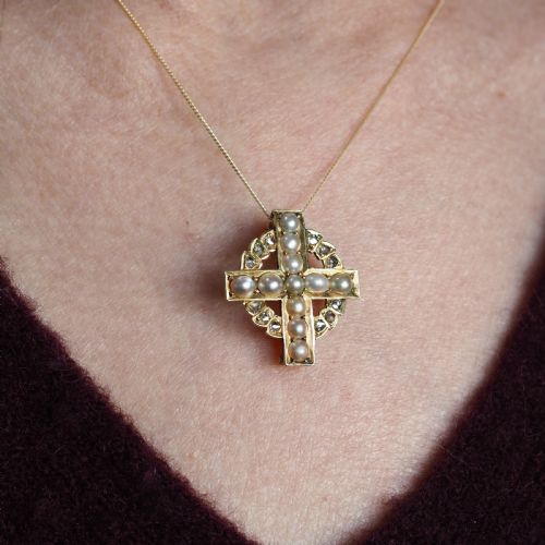 ANTIQUE DIAMOND AND PEARL CROSS BROOCHPENDANT 15K GOLD C1880 - ADDITIONAL PHOTO 2