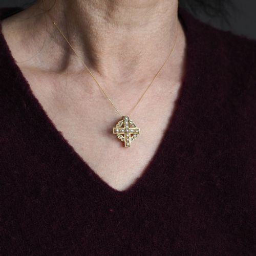 ANTIQUE DIAMOND AND PEARL CROSS BROOCHPENDANT 15K GOLD C1880 - ADDITIONAL PHOTO 4