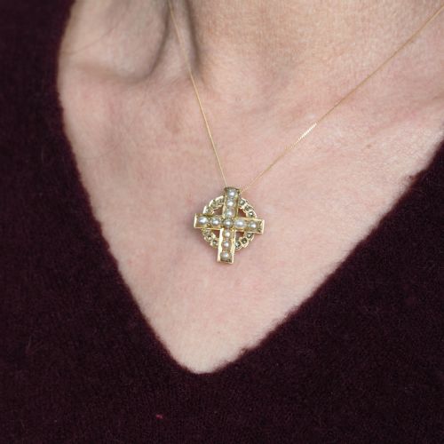 ANTIQUE DIAMOND AND PEARL CROSS BROOCHPENDANT 15K GOLD C1880 - ADDITIONAL PHOTO 5