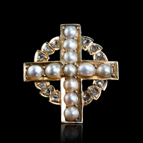 ANTIQUE DIAMOND AND PEARL CROSS BROOCHPENDANT 15K GOLD C1880 - ADDITIONAL PHOTO 8