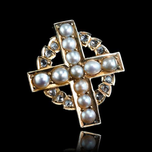 ANTIQUE DIAMOND AND PEARL CROSS BROOCHPENDANT 15K GOLD C1880 - ADDITIONAL PHOTO 10