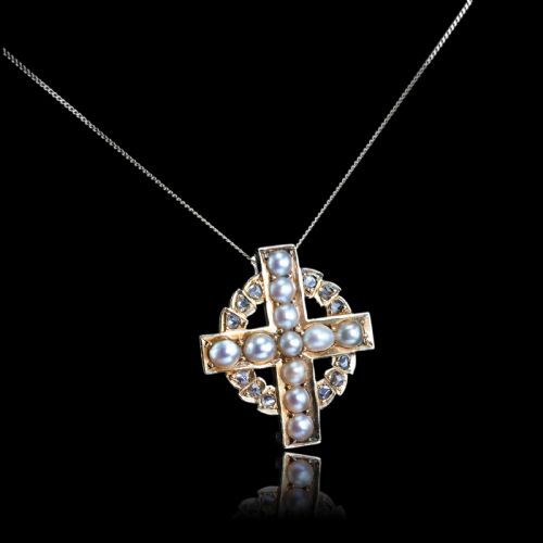 ANTIQUE DIAMOND AND PEARL CROSS BROOCHPENDANT 15K GOLD C1880 - ADDITIONAL PHOTO 13