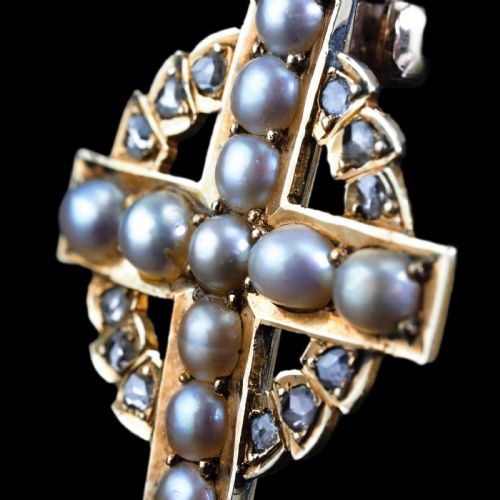ANTIQUE DIAMOND AND PEARL CROSS BROOCHPENDANT 15K GOLD C1880 - ADDITIONAL PHOTO 15