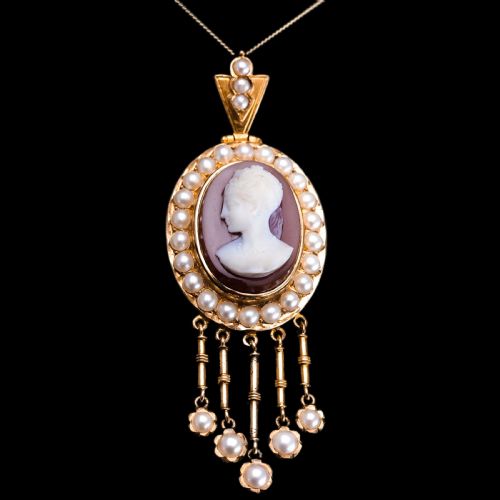 ANTIQUE VICTORIAN CAMEO PENDANT NECKLACE WITH PEARLS 14K GOLD C1880 - ADDITIONAL PHOTO 2