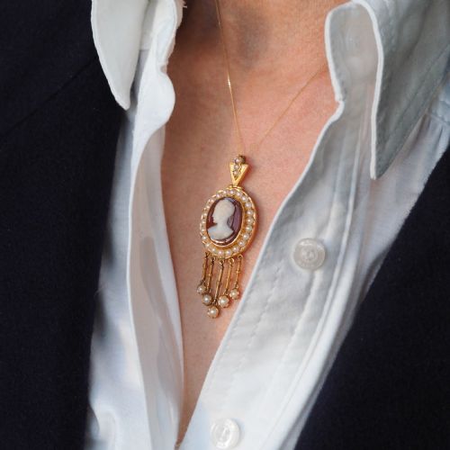 ANTIQUE VICTORIAN CAMEO PENDANT NECKLACE WITH PEARLS 14K GOLD C1880 - ADDITIONAL PHOTO 4