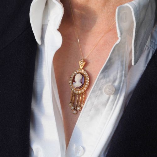 ANTIQUE VICTORIAN CAMEO PENDANT NECKLACE WITH PEARLS 14K GOLD C1880 - ADDITIONAL PHOTO 6