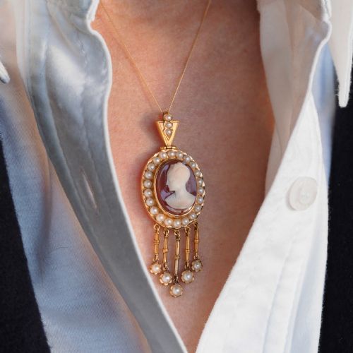 ANTIQUE VICTORIAN CAMEO PENDANT NECKLACE WITH PEARLS 14K GOLD C1880 - ADDITIONAL PHOTO 7