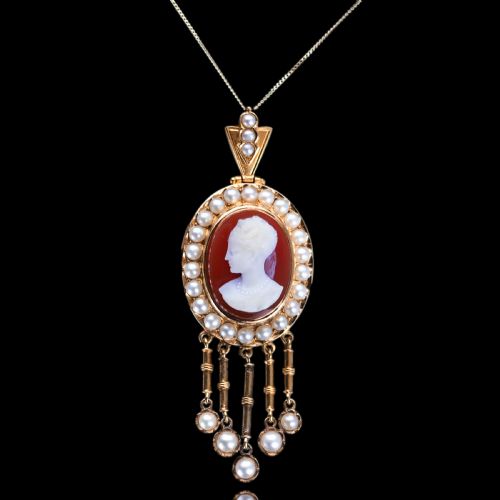 ANTIQUE VICTORIAN CAMEO PENDANT NECKLACE WITH PEARLS 14K GOLD C1880 - ADDITIONAL PHOTO 11