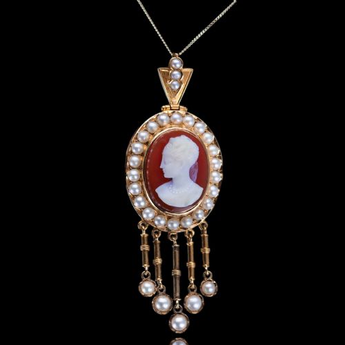 ANTIQUE VICTORIAN CAMEO PENDANT NECKLACE WITH PEARLS 14K GOLD C1880 - ADDITIONAL PHOTO 12