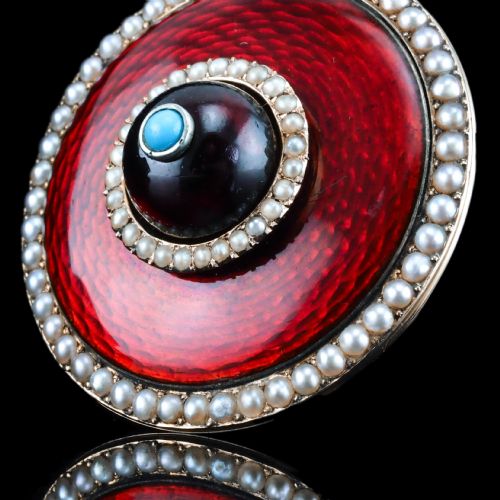 ANTIQUE RED ENAMEL GUILLOCHE BROOCHPENDANT GARNET PEARLS 14K GOLD C1870 - ADDITIONAL PHOTO 3