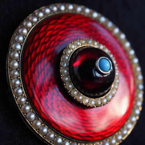 ANTIQUE RED ENAMEL GUILLOCHE BROOCHPENDANT GARNET PEARLS 14K GOLD C1870 - ADDITIONAL PHOTO 15