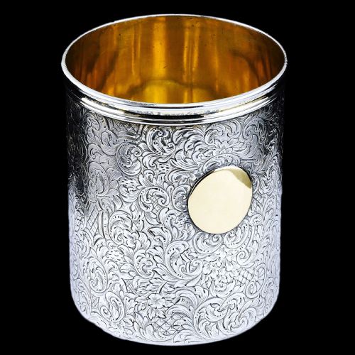 Antique Victorian Solid Silver Beaker Cup Fully Hand Engraved - 1839