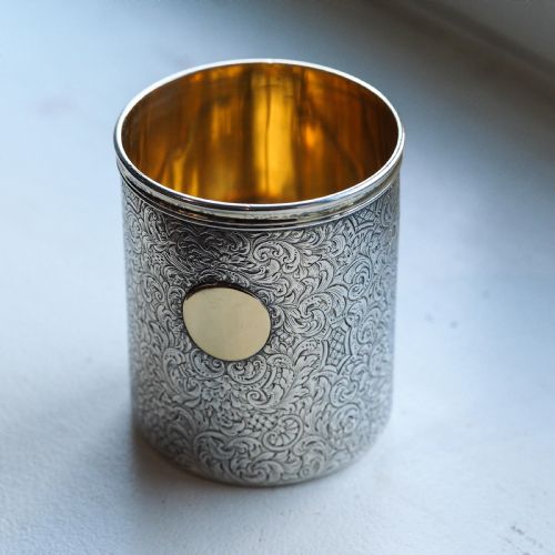 fig 8. Antique Victorian Solid Silver Beaker Cup Fully Hand Engraved - 1839