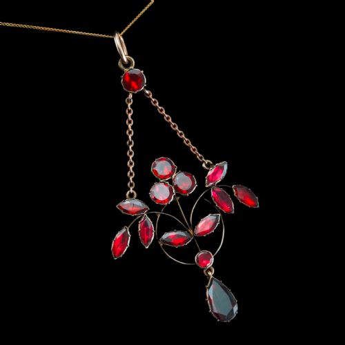 ANTIQUE GARNET PENDANT NECKLACE 9K GOLD ART NOUVEAU DESIGN C1900 - ADDITIONAL PHOTO 1