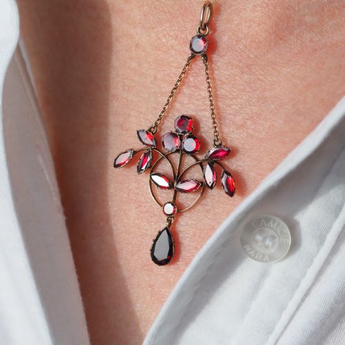 ANTIQUE GARNET PENDANT NECKLACE 9K GOLD ART NOUVEAU DESIGN C1900 - ADDITIONAL PHOTO 7