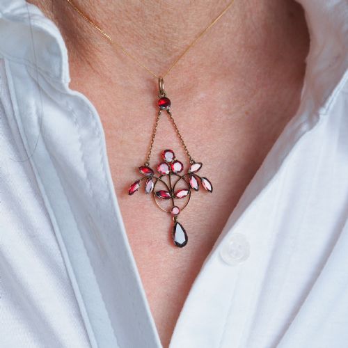 ANTIQUE GARNET PENDANT NECKLACE 9K GOLD ART NOUVEAU DESIGN C1900 - ADDITIONAL PHOTO 12