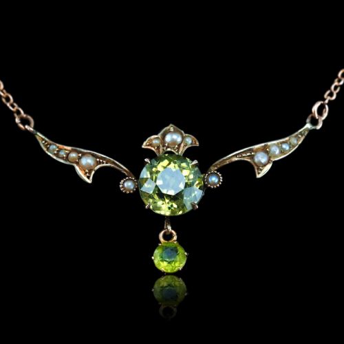ANTIQUE EDWARDIAN PERIDOT PEARL NECKLACE 9K GOLD ART NOUVEAU C1900 - ADDITIONAL PHOTO 1