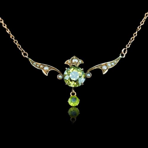 ANTIQUE EDWARDIAN PERIDOT PEARL NECKLACE 9K GOLD ART NOUVEAU C1900 - ADDITIONAL PHOTO 2