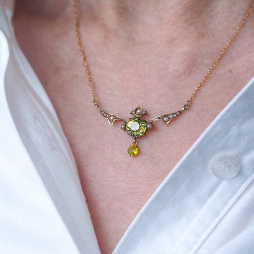 ANTIQUE EDWARDIAN PERIDOT PEARL NECKLACE 9K GOLD ART NOUVEAU C1900 - ADDITIONAL PHOTO 11