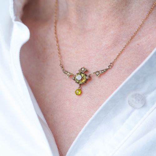 ANTIQUE EDWARDIAN PERIDOT PEARL NECKLACE 9K GOLD ART NOUVEAU C1900 - ADDITIONAL PHOTO 14