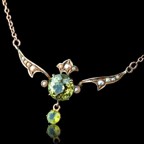 ANTIQUE EDWARDIAN PERIDOT PEARL NECKLACE 9K GOLD ART NOUVEAU C1900 - ADDITIONAL PHOTO 18