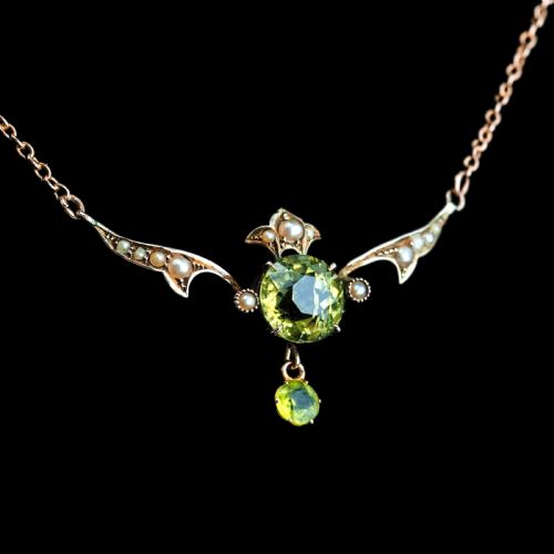 ANTIQUE EDWARDIAN PERIDOT PEARL NECKLACE 9K GOLD ART NOUVEAU C1900 - ADDITIONAL PHOTO 19