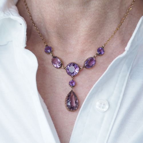 fig 1. Antique Amethyst Necklace with Riviere/Drop Design 9K Gold c.1900