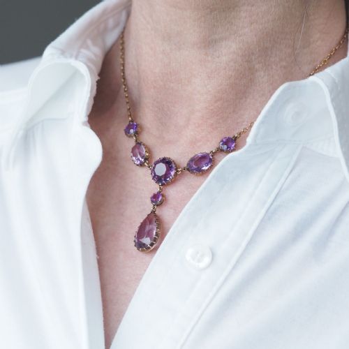 fig 3. Antique Amethyst Necklace with Riviere/Drop Design 9K Gold c.1900