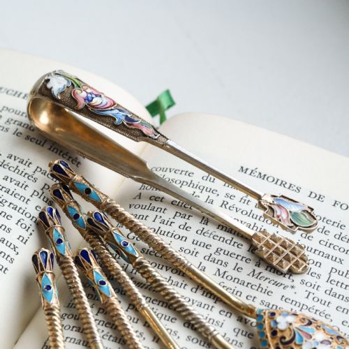 fig 1. Antique Russian Silver Enamel Sugar Tongs Cloisonne - Maria Semenova c.1900