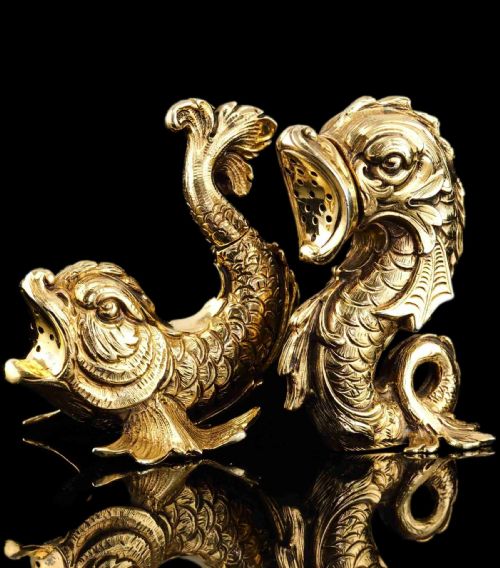 Sterling Silver Gilt Salt and Pepper Shakers in the Form of Fish/dolphin