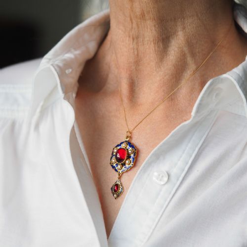 ANTIQUE VICTORIAN HOLBEINESQUE PENDANT NECKLACE GARNETS PEARLS 18K GOLD C1857 - ADDITIONAL PHOTO 4