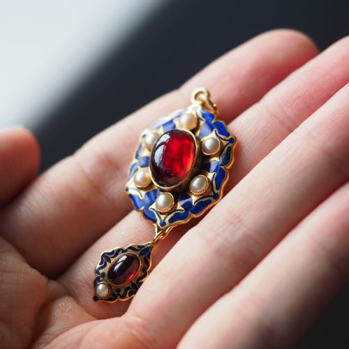 ANTIQUE VICTORIAN HOLBEINESQUE PENDANT NECKLACE GARNETS PEARLS 18K GOLD C1857 - ADDITIONAL PHOTO 5
