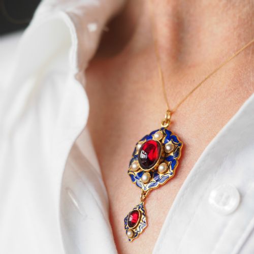 ANTIQUE VICTORIAN HOLBEINESQUE PENDANT NECKLACE GARNETS PEARLS 18K GOLD C1857 - ADDITIONAL PHOTO 6