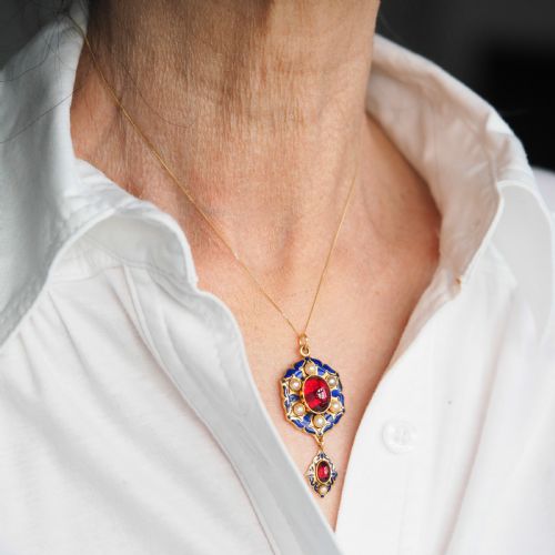 ANTIQUE VICTORIAN HOLBEINESQUE PENDANT NECKLACE GARNETS PEARLS 18K GOLD C1857 - ADDITIONAL PHOTO 9
