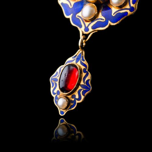 ANTIQUE VICTORIAN HOLBEINESQUE PENDANT NECKLACE GARNETS PEARLS 18K GOLD C1857 - ADDITIONAL PHOTO 15