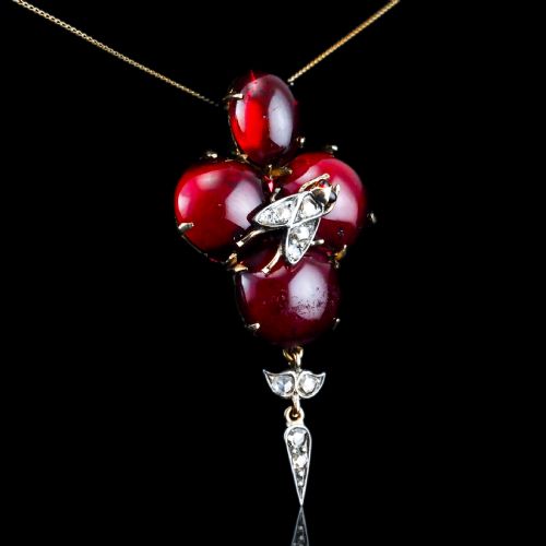 ANTIQUE VICTORIAN GARNET CABOCHON DIAMOND BROOCHPENDANT 14K GOLD C1880 - ADDITIONAL PHOTO 1