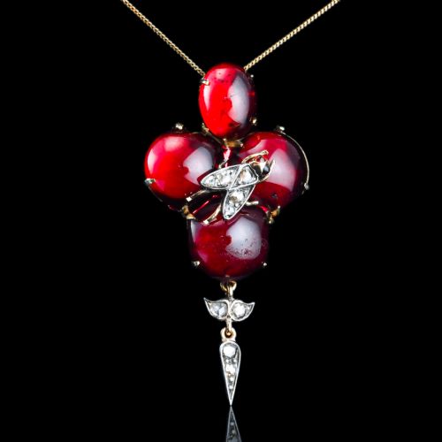 ANTIQUE VICTORIAN GARNET CABOCHON DIAMOND BROOCHPENDANT 14K GOLD C1880 - ADDITIONAL PHOTO 2