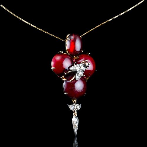 ANTIQUE VICTORIAN GARNET CABOCHON DIAMOND BROOCHPENDANT 14K GOLD C1880 - ADDITIONAL PHOTO 3