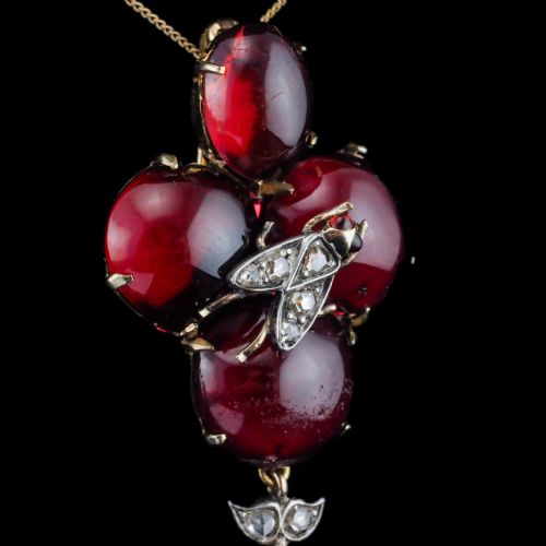 ANTIQUE VICTORIAN GARNET CABOCHON DIAMOND BROOCHPENDANT 14K GOLD C1880 - ADDITIONAL PHOTO 6