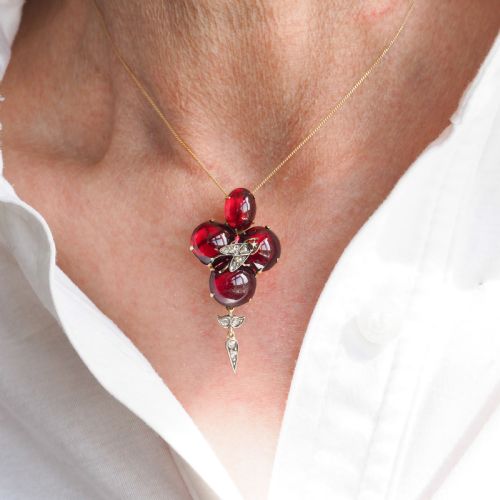 ANTIQUE VICTORIAN GARNET CABOCHON DIAMOND BROOCHPENDANT 14K GOLD C1880 - ADDITIONAL PHOTO 18