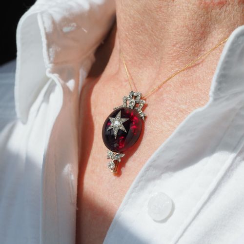 ANTIQUE VICTORIAN GARNET DIAMOND STAR CABOCHON BROOCHPENDANT 14K GOLD C1870 - ADDITIONAL PHOTO 3