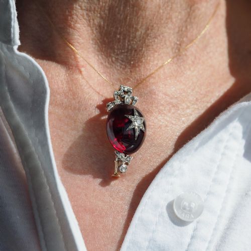 ANTIQUE VICTORIAN GARNET DIAMOND STAR CABOCHON BROOCHPENDANT 14K GOLD C1870 - ADDITIONAL PHOTO 17