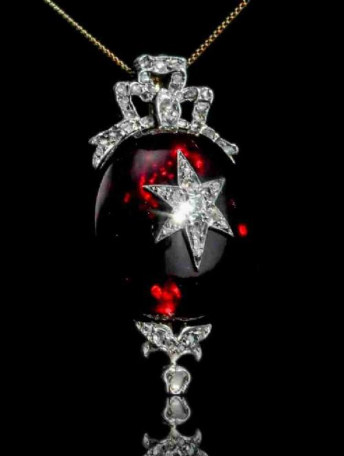 ANTIQUE VICTORIAN GARNET DIAMOND STAR CABOCHON BROOCHPENDANT 14K GOLD C1870