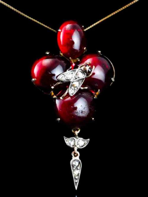 ANTIQUE VICTORIAN GARNET CABOCHON DIAMOND BROOCHPENDANT 14K GOLD C1880
