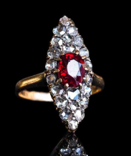 Antique Ruby & Diamond Navette Ring, Natural Unheated, 18K Gold French - c.1890