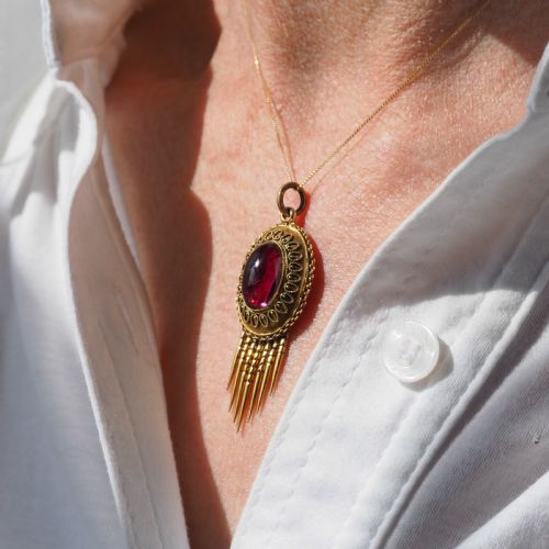 ANTIQUE VICTORIAN GARNET ETRUSCAN REVIVAL PENDANT NECKLACE 15K GOLD C1880 - ADDITIONAL PHOTO 14