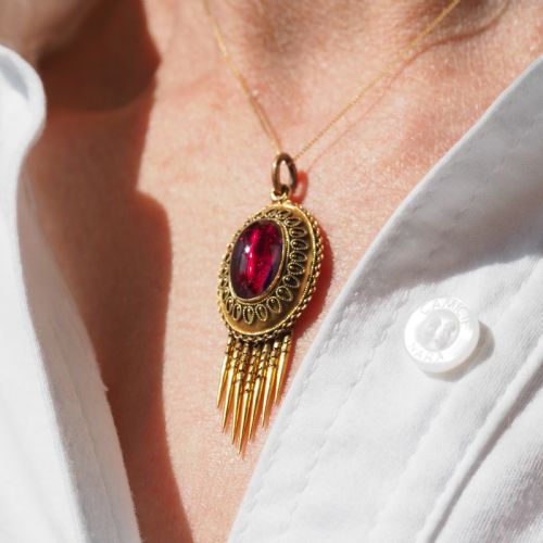 ANTIQUE VICTORIAN GARNET ETRUSCAN REVIVAL PENDANT NECKLACE 15K GOLD C1880 - ADDITIONAL PHOTO 16