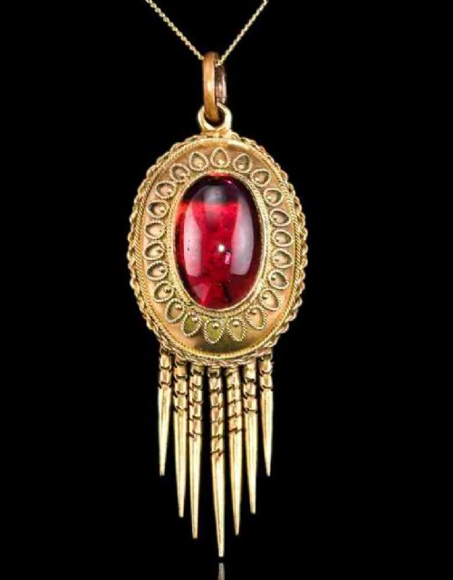 ANTIQUE VICTORIAN GARNET ETRUSCAN REVIVAL PENDANT NECKLACE 15K GOLD C1880